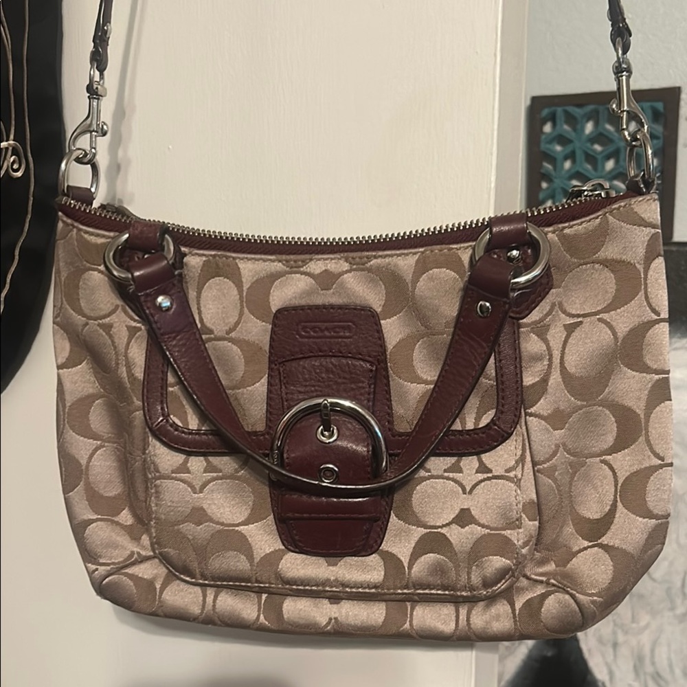 Coach Tan and Brown Shoulder Bag with Signature Pattern and Leather Accents